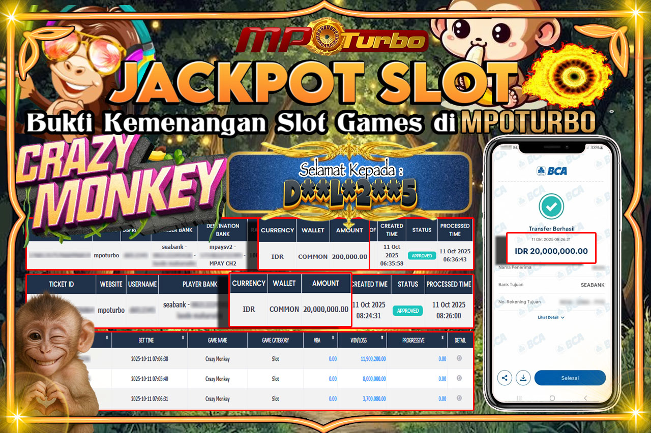 MPOTURBO JACKPOT SLOT CRAZY MONKEY - NEXT SPIN Rp 20,000,000.00,- LUNAS